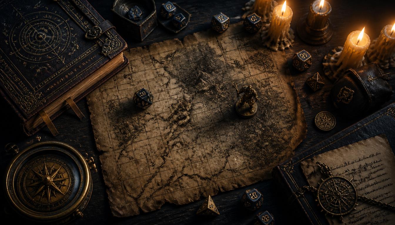 Mesa de RPG fantasia com mapa de batalha, dados poliédricos, grimório e velas